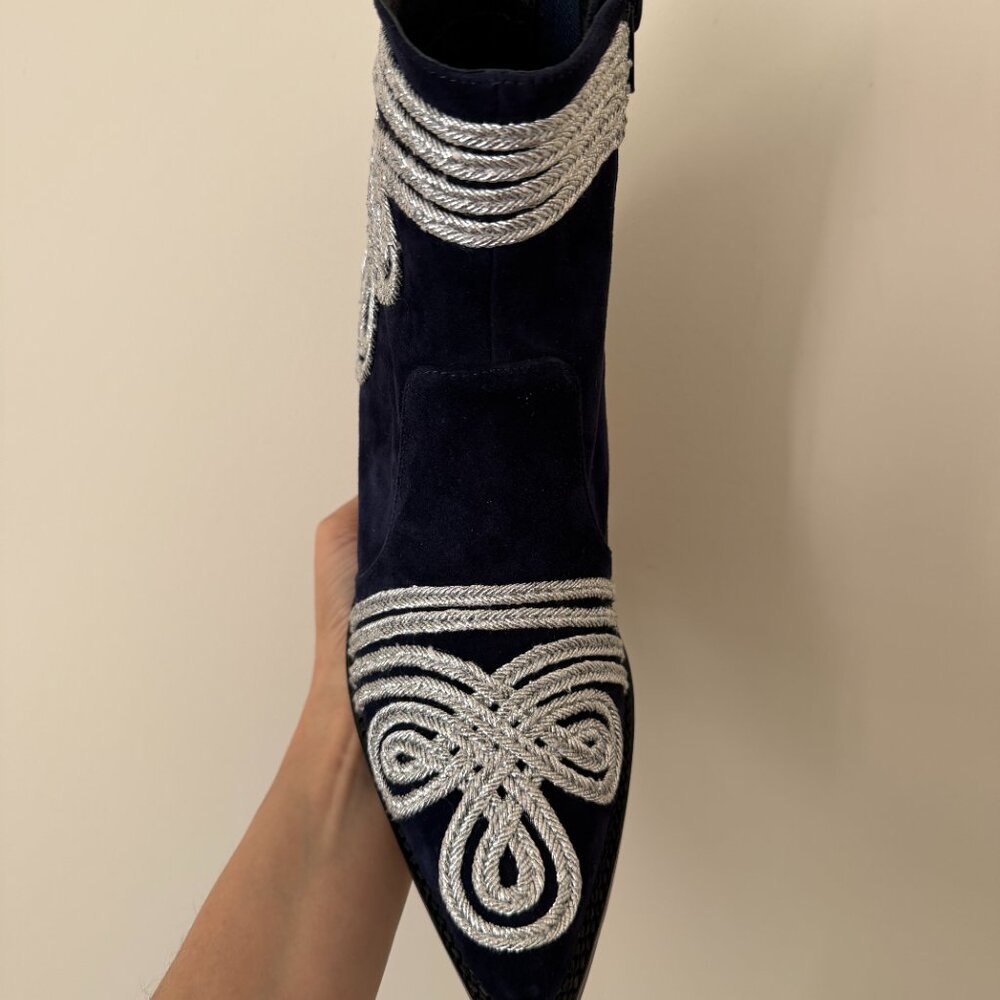 Jeffrey Campbell Gatlin Booties NWT Navy Suede Silver Western Sz 9 - Picture 8 of 10